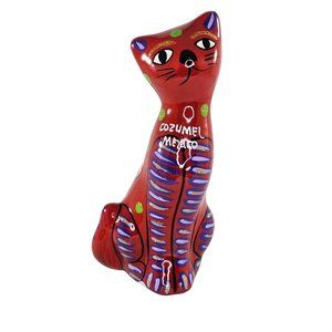 Cozumel Mexico Pottery Red Cat Figurine Sitting